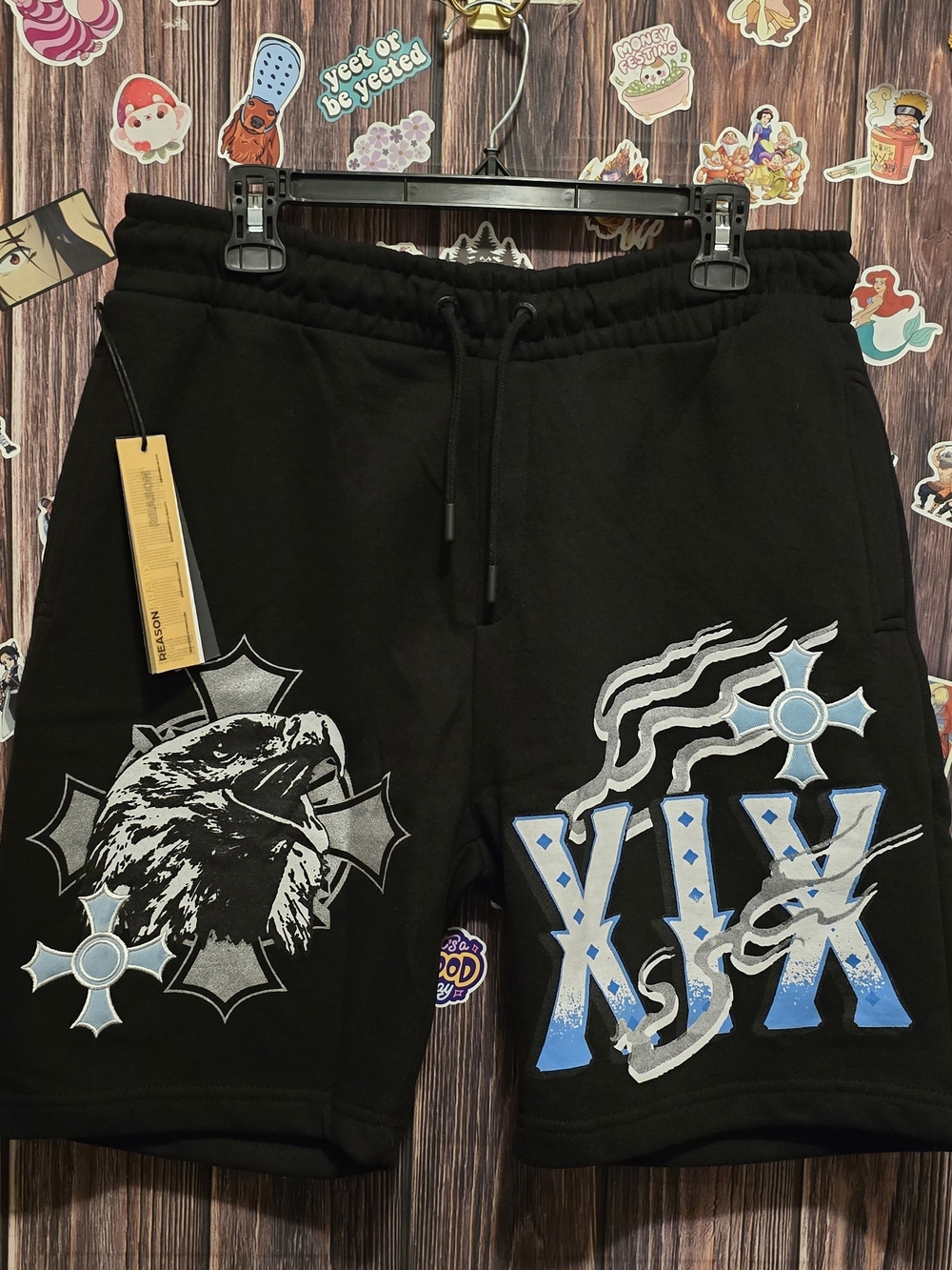 Men's Black Graphic Knit Shorts with Blue Accents